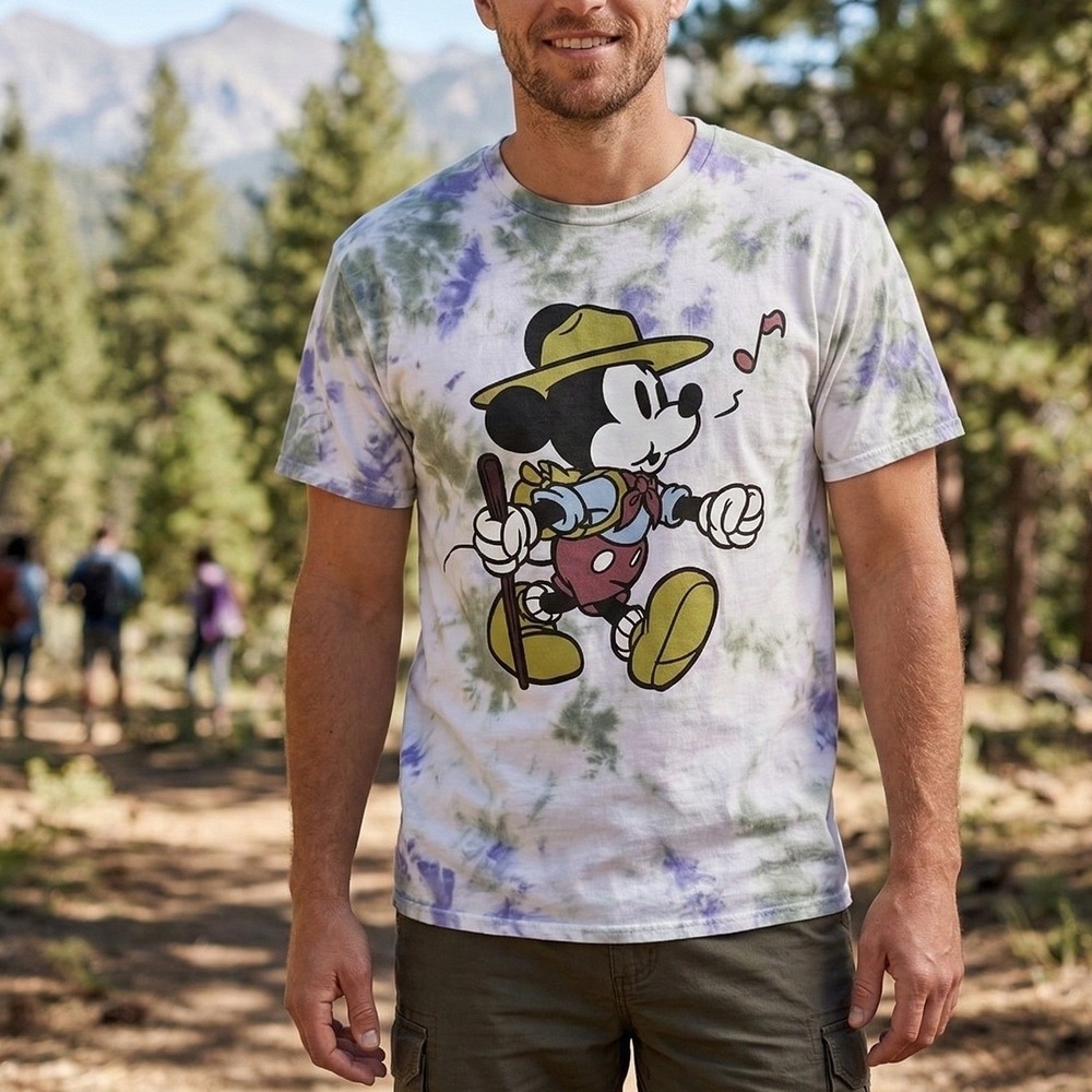 Disney Men Mickey Mouse Camping Graphic T-Shirt Size XL Retro Tie Dye Cotton New